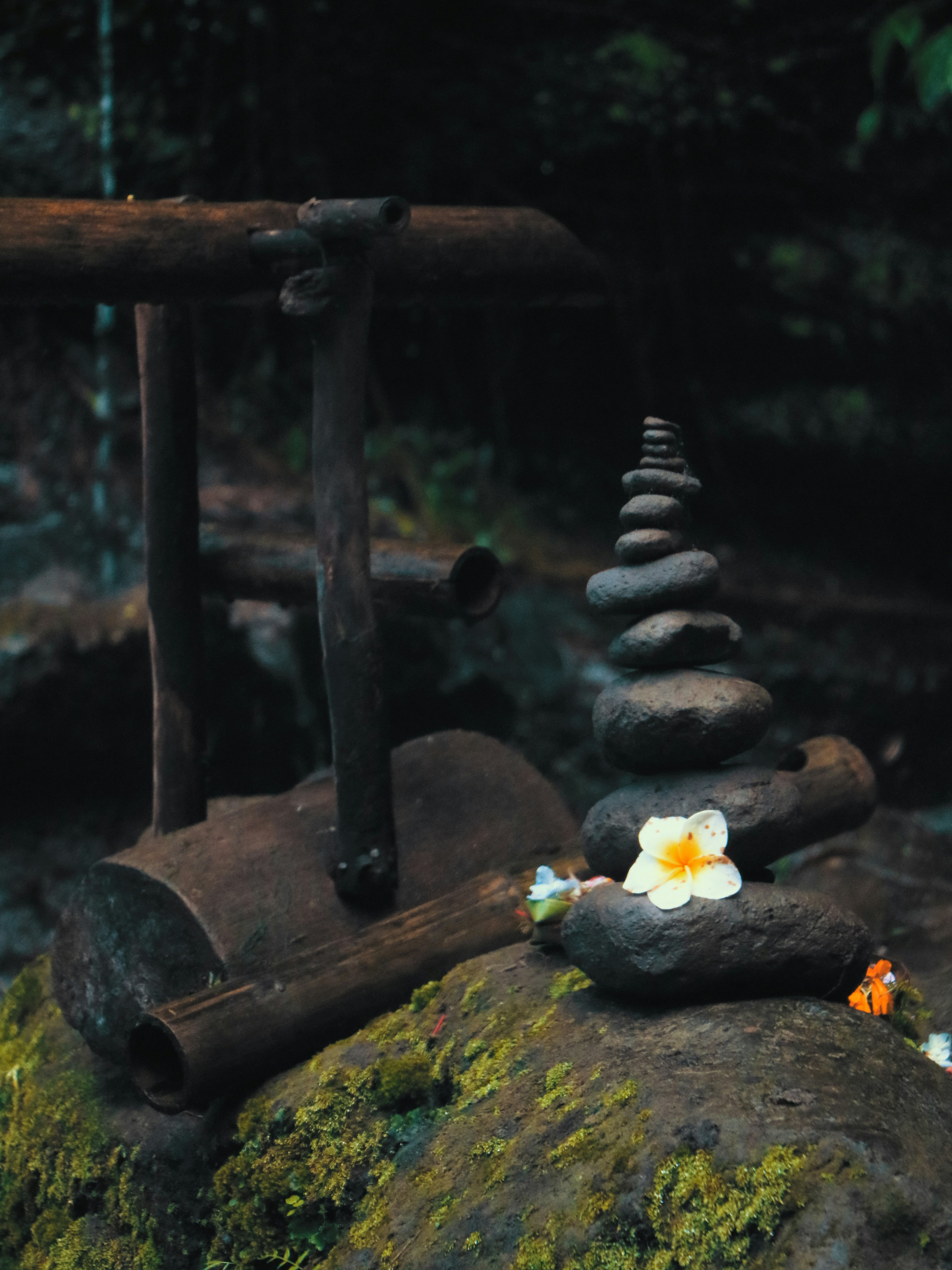 Balinese healing stones and frangipani — balance and stillness