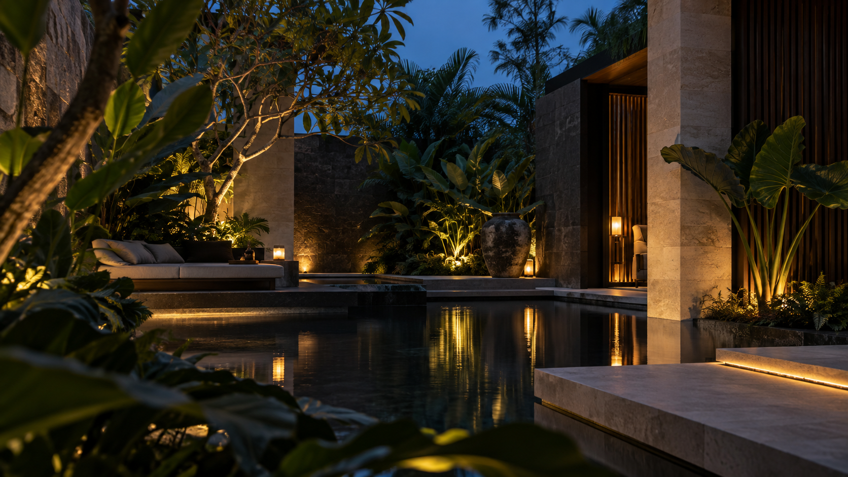 Secluded private villa courtyard and reflecting pool at blue hour