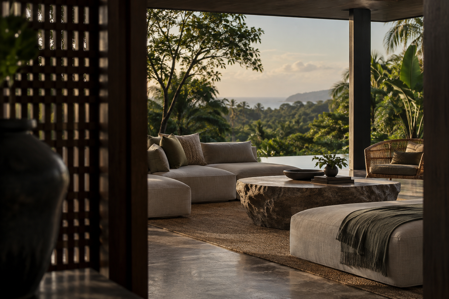 Private tropical villa living pavilion overlooking lush landscape