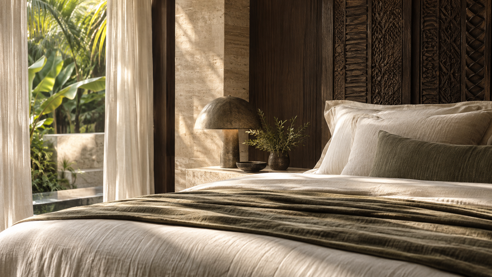 Refined private villa bedroom suite with natural materials